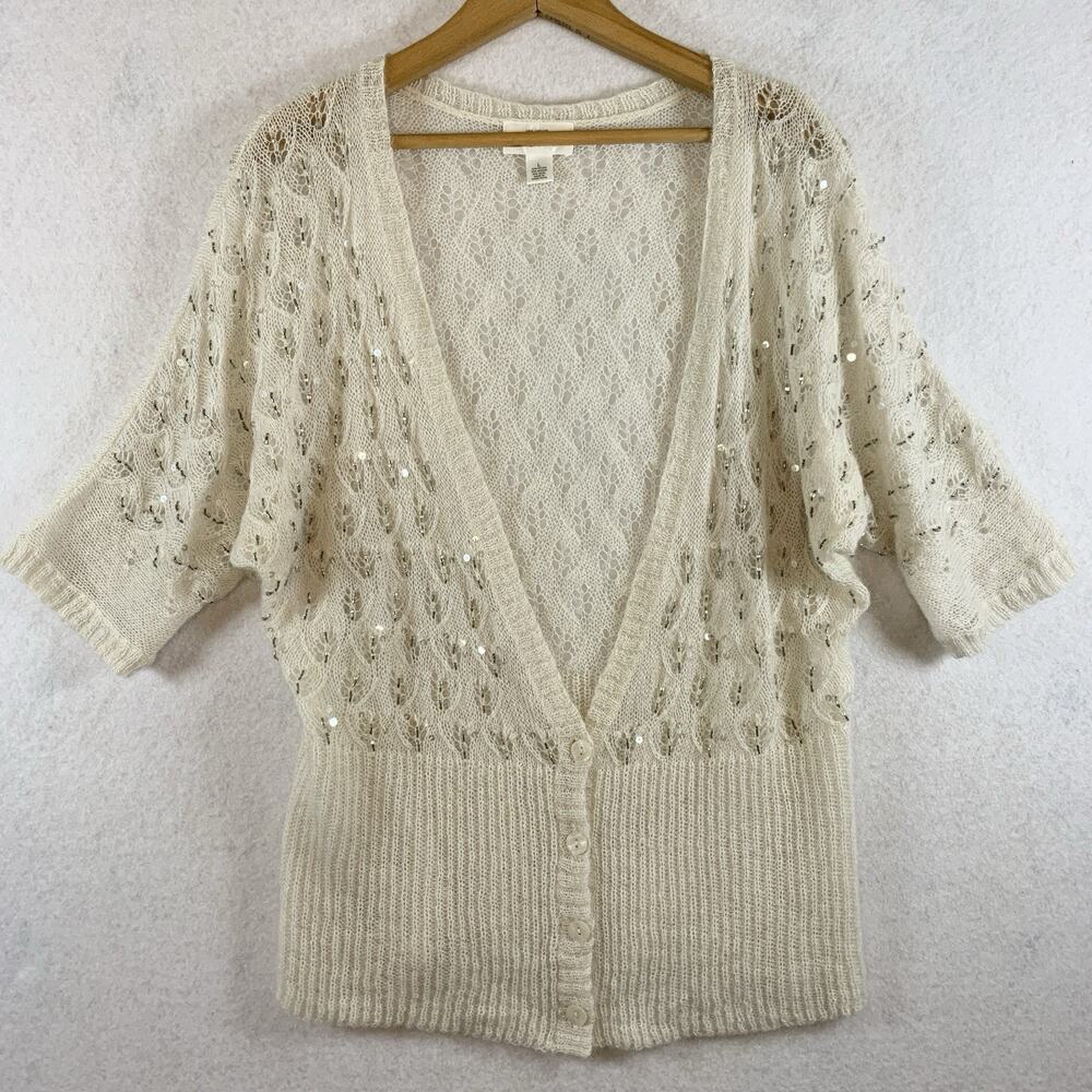 Womens Boho Romantic Open Knit Cardigan Sz L Ivory Beaded Sequin Feminine Ballet